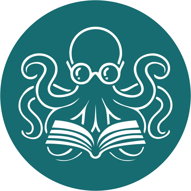 Logo von Anna Rachow: ein weißer Oktopus mit Brille und Buch auf petrolfarbenem Kreis