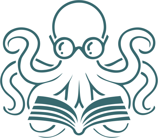 Logo von Anna Rachow: ein Oktopus mit runder Brille über einem aufgeschlagenen Buch