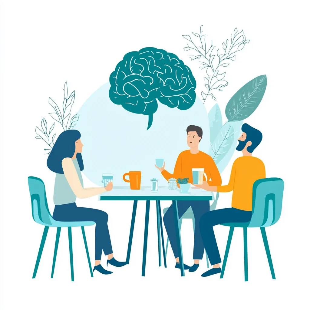 Illustration: drei Personen sitzen mit Kaffeetassen an einem Tisch und sprechen miteinander